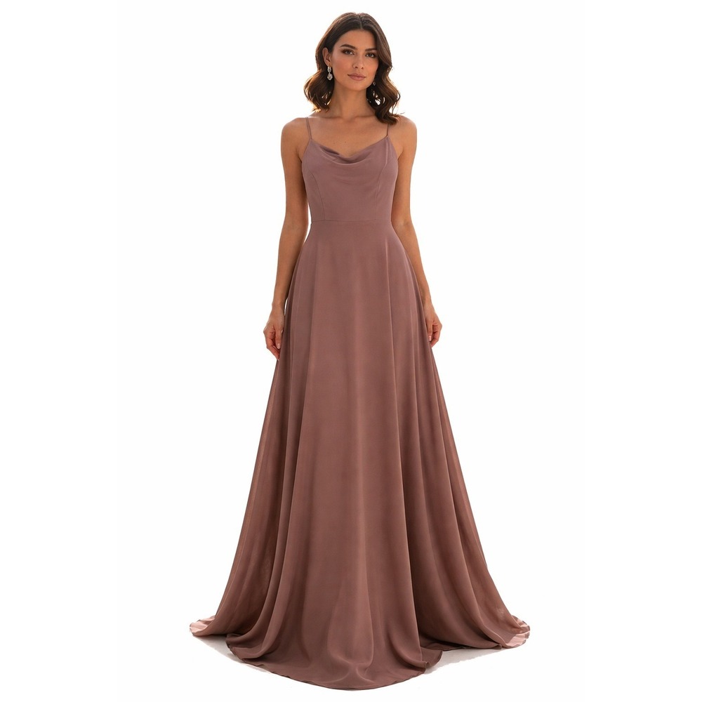 IDENTITY Mocha Brown Satin Cowl Neck Maxi Gown Stretch Medium‎ NWT Wedding Guest